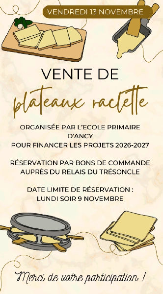 Vente plateaux raclette - école Ancy