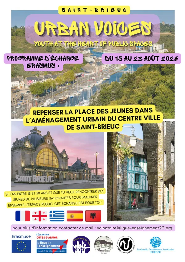 Echange de jeunes Erasmus + du 15 au 23 août à Saint-Brieuc pour des jeunes de 18 à 30 ans.