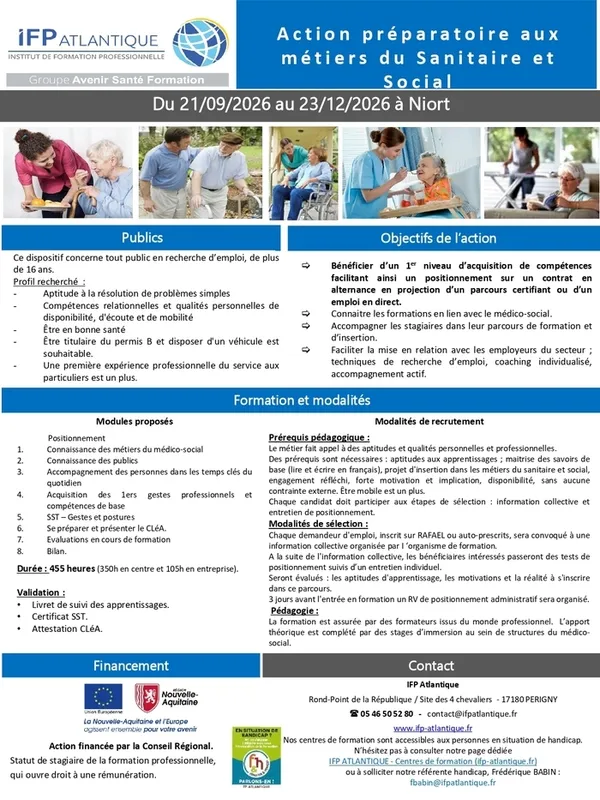 Action préparatoire aux métiers du Sanitaire Social Du 21/09/2026 au 23/12/2026