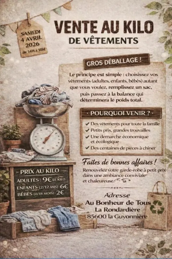 Samedi 4 avril 2026 - Vente de vêtements au kilo à La Guyonnière