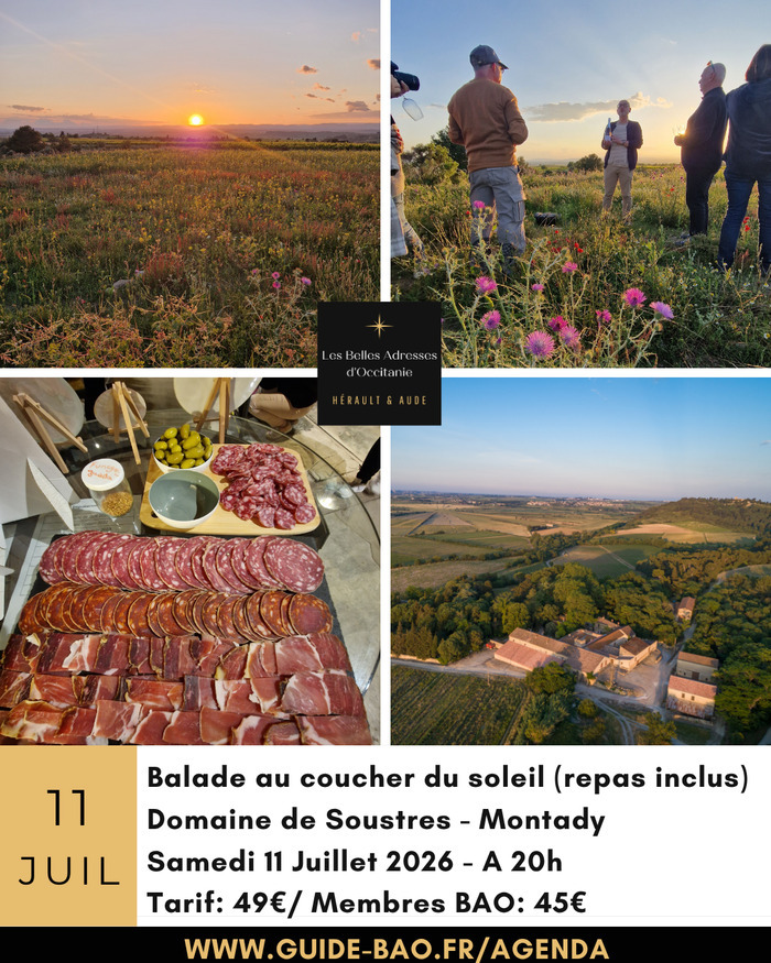 Balade au coucher du soleil et repas au Domaine de Soustres