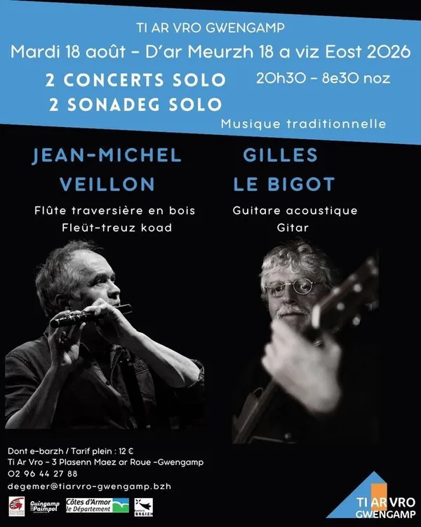 Concert Jean-Michel Veillon- Gilles Le Bigot - Guitare - Flûte - Musique traditionnelle