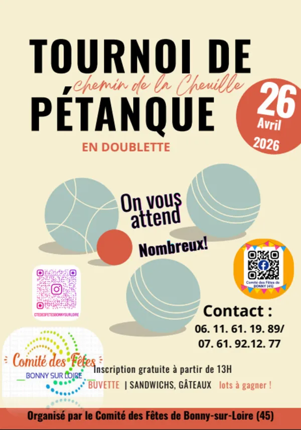 TOURNOI DE PETANQUE AMICAL le 26 avril 2026 à BONNY SUR LOIRE