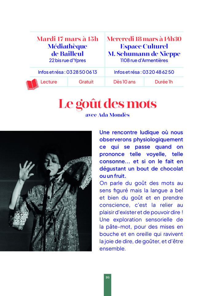 Lecture ludique "Le Goût des Mots" avec Ada Mondès -- Printemps des Poètes à Bailleul