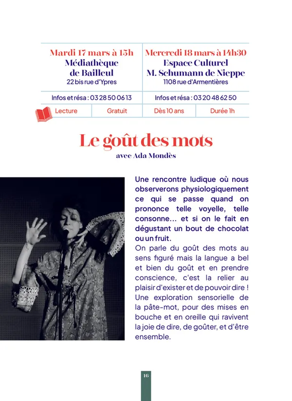 Lecture ludique "Le Goût des Mots" avec Ada Mondès -- Printemps des Poètes à Nieppe