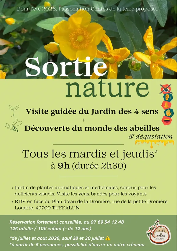 Visite d'un jardin les yeux bandés pour découvrir les plantes avec l'odorat, le gout, le toucher. Visite d'une miellerie, dégustation de miel, bonbons
