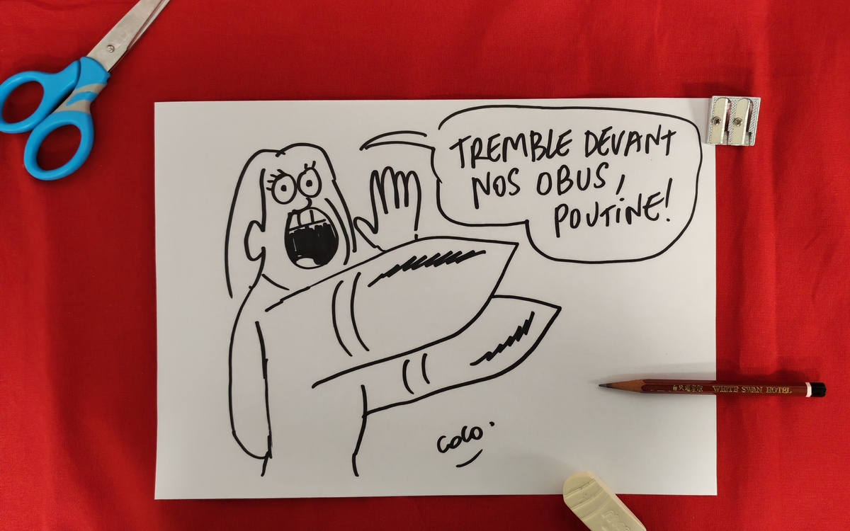 Croquer l'info : dessins satiriques de Coco et Juin, réalisés lors de la rencontre « Guerre en Ukraine la voix des femmes »