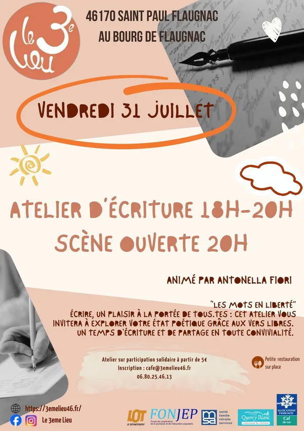 Atelier d'écriture et scène ouverte au 3ème Lieu
