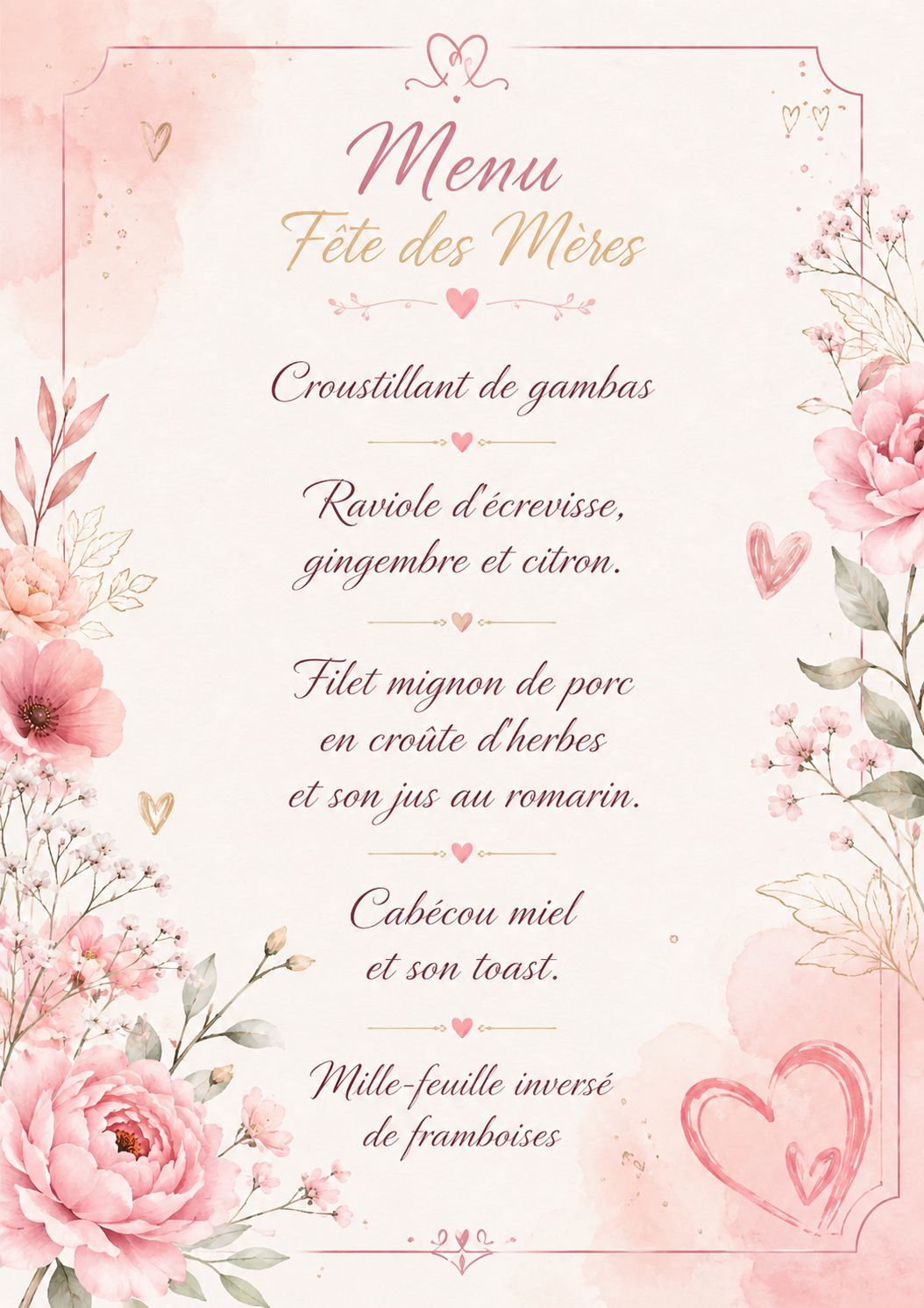 Menu de fête des mères au restaurant l'Entre Amis