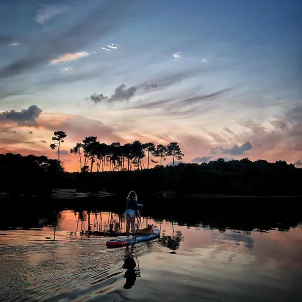 Paddle sur le lac au coucher du soleil