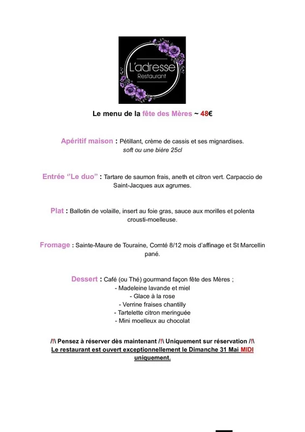 Menu spécial fete des mères à l'Adrese à Rioz