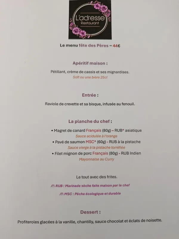 Menu Fêtes des Pères au restuarant l'Adresse à Rioz