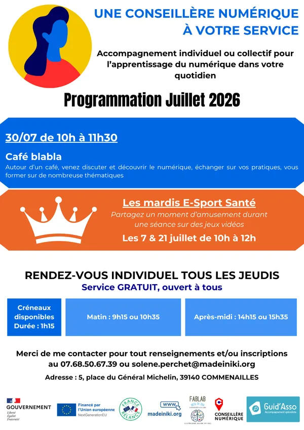 Programmation ateliers Conseillère Numérique Fablab juillet 2026