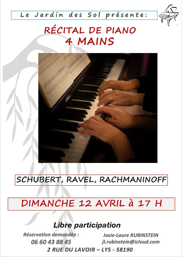 RÉCITAL PIANO A 4 MAINS "MANO A MANO"
M. Mortreux et M. Le Goupil
SCHUBERT, RAVEL, RACHMANINOFF