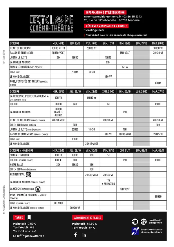 Programmation Le Cyclope - Du 14/10 au 03/11
