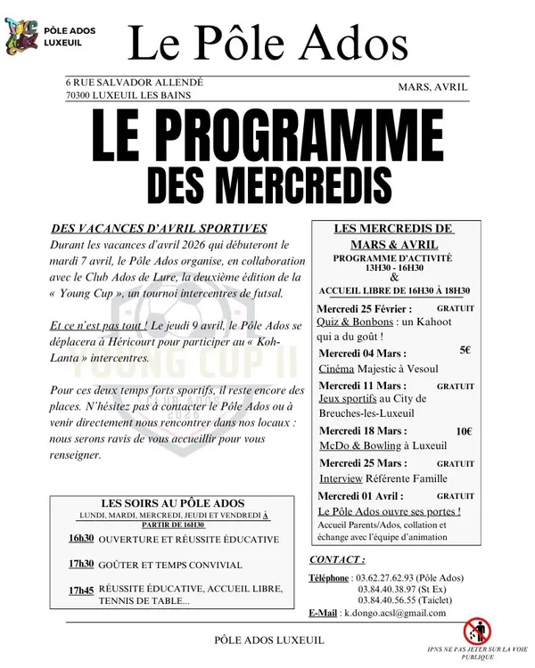 Le programme des mercredis au pôle Ados Mars-Avril