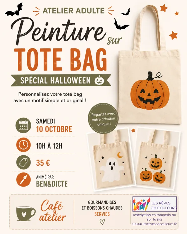 Atelier/Café Adulte - Peinture sur tissu : Tote Bag Halloween animé par Benédicte