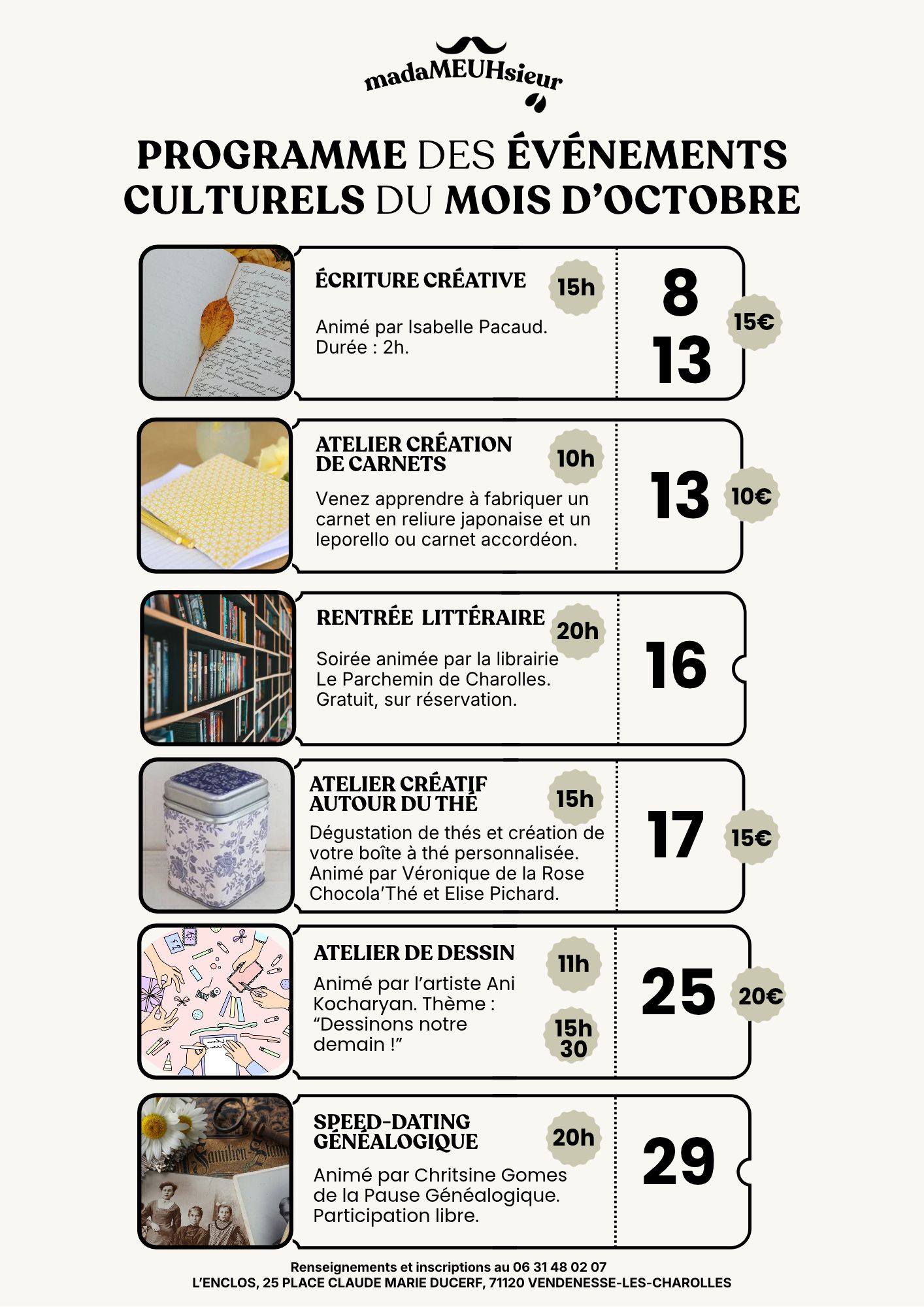 Programmation culturelle du mois d'Octobre à l'Enclos