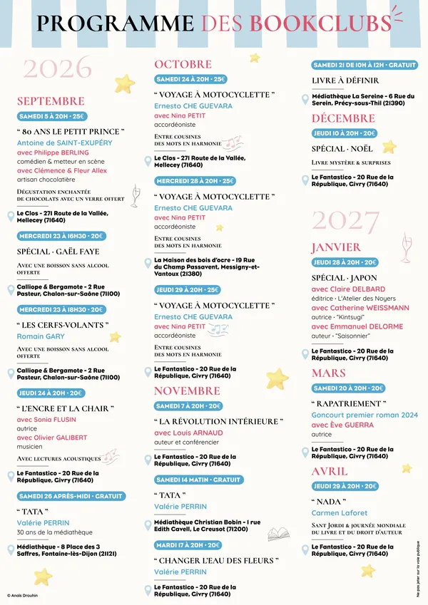 Présentation Programmes Saison 26/27 culture et animations ELLE M LIRE (bookclub) et FANTASTICO (expos, soirées thématiques...)