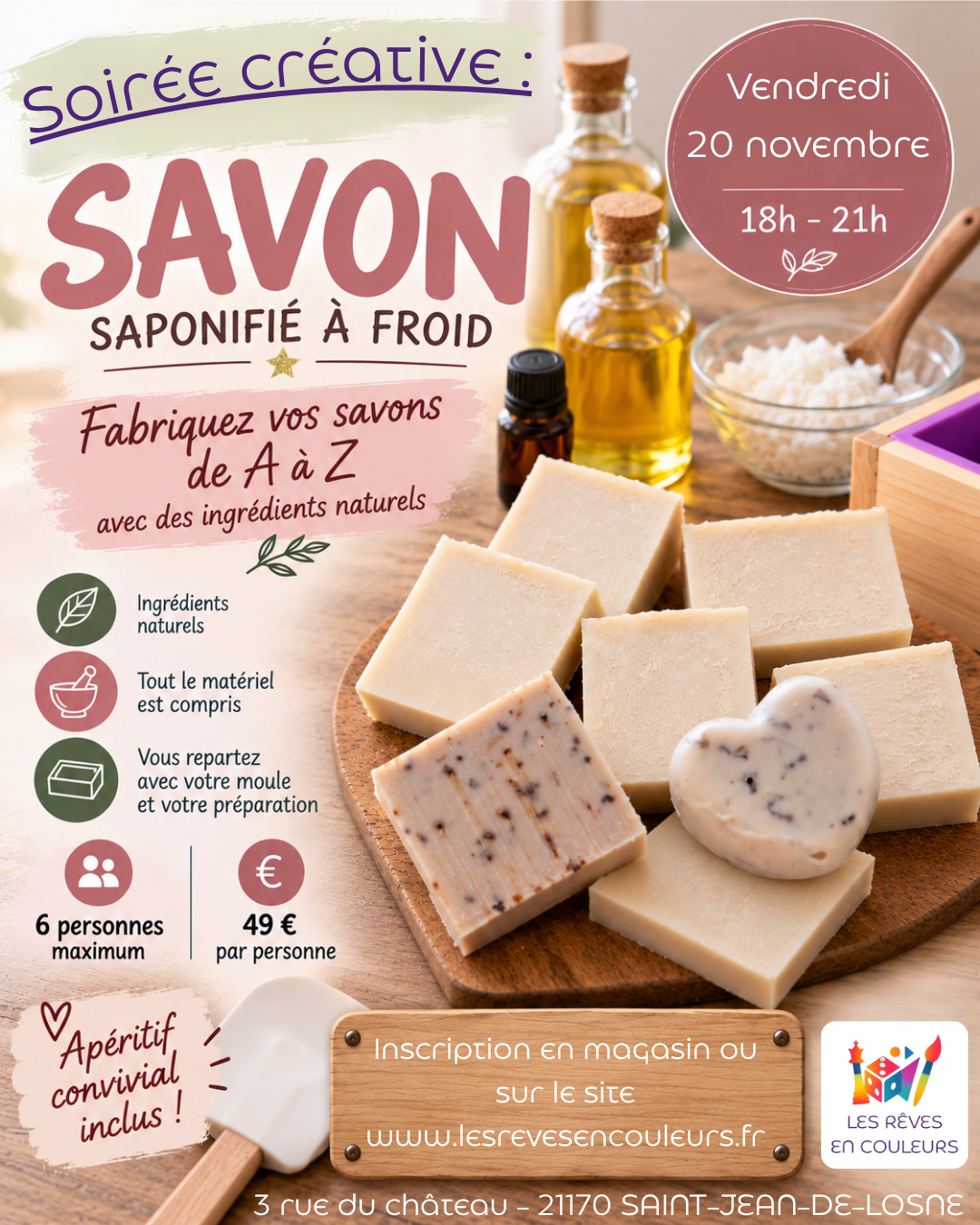 Soirée créative & apéritive (à partir de 16 ans) - Fabriquez vos savons en saponification à froid