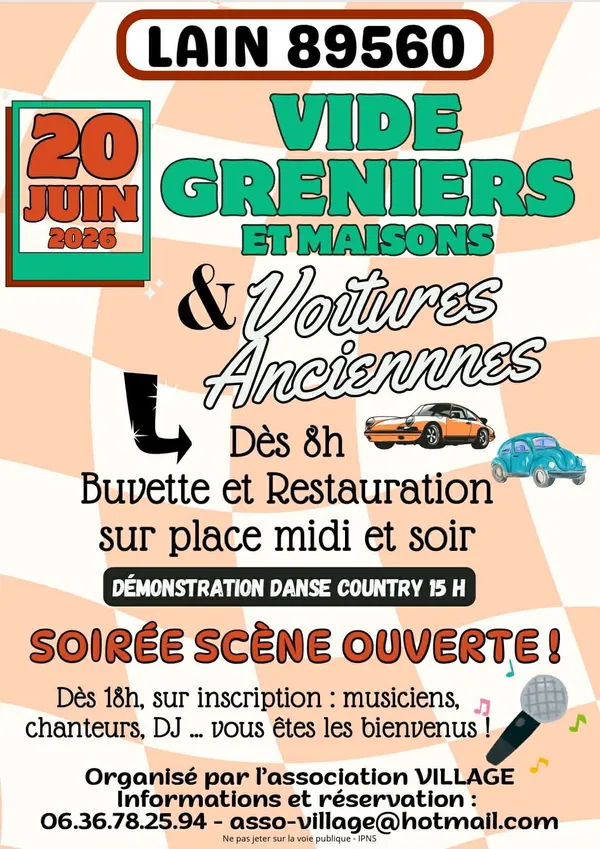 Vide-grenier, rassemblement de voitures anciennes et scène ouverte