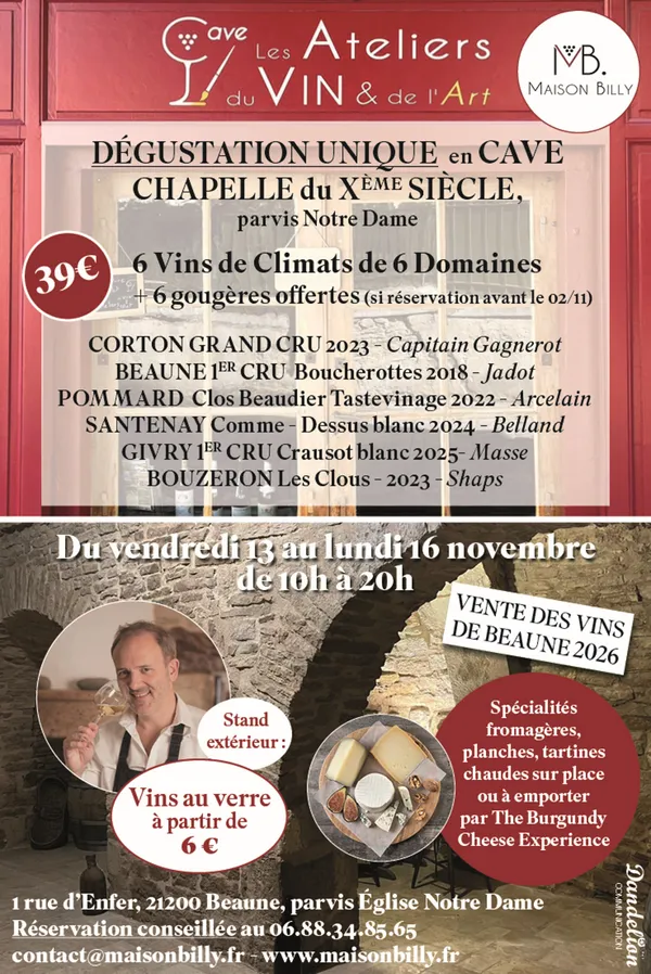 Cave "Les Ateliers du VIN & de l'Art" (by Maison Billy) - Vente des Vins 2026 : Dégustation 6 vins en Cave du Xème siècle