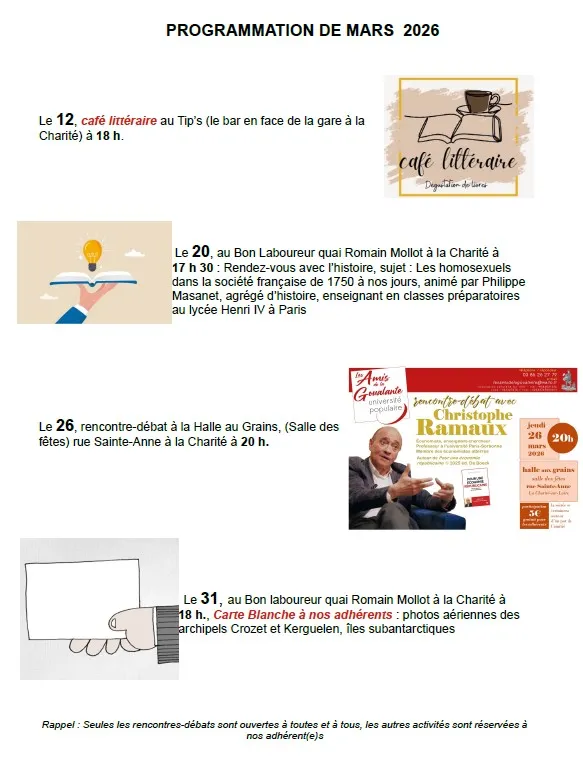 Programme du mois de mars 2026 de l'Université Populaire "les Amis de la Goualante"