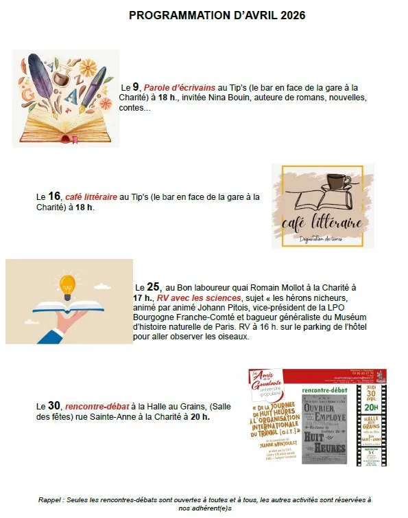 Programme du mois d’avril de l'université populaire "Les Amis de la Goualante"