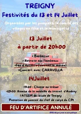 Les festivités sont maintenues à Treigny, le feu d'artifice est  annulé.