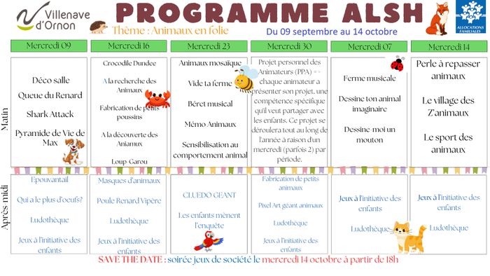 Programme ALSH du 09 septembre au 14 octobre 2026 - Thème : Animaux en folie