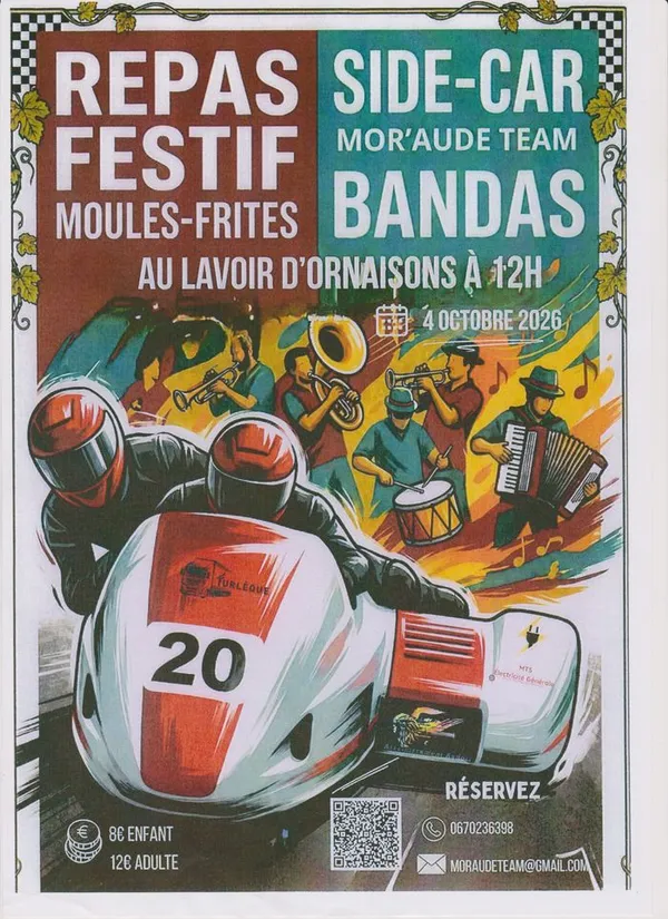 Repas festif Moules Frites Bandas petite expo véhicules le 4 Octobre à Ornaisons (11200) Organisé par le Team Mor'aude