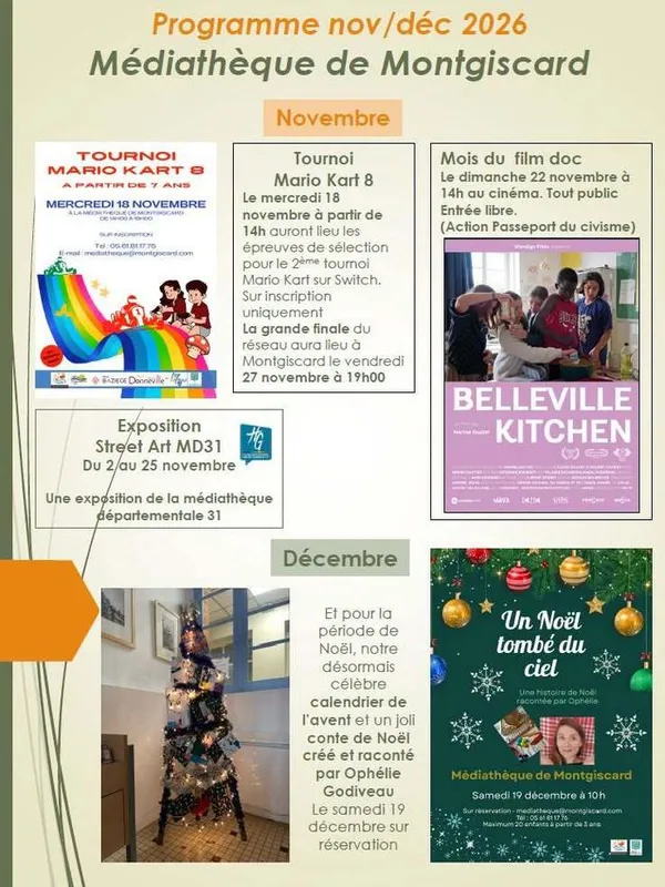 Programme novembre-décembre à la médiathèque de Montgiscard