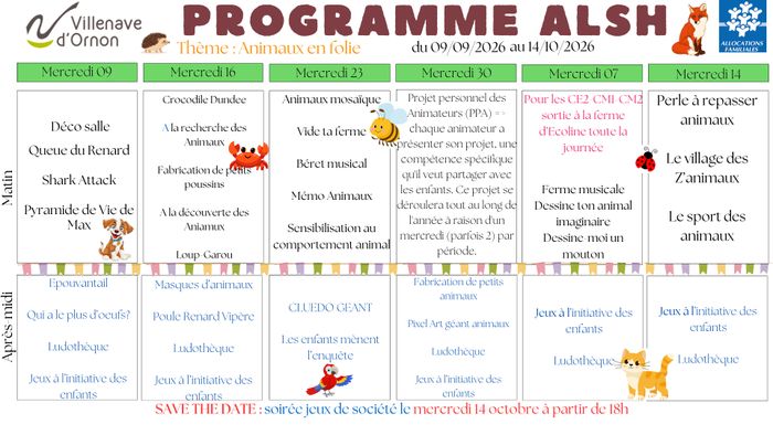 Programme ALSH du 09 septembre au 14 octobre 2026 - Thème : Animaux en folie