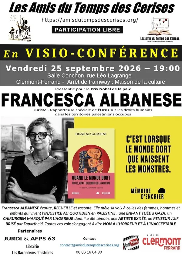 Présentation du livre “QUAND LE MONDE DORT. RÉCITS, VOIX ET BLESSURES DE LA PALESTINE“ de Francesca ALBANESE, en visio avec l'auteure.