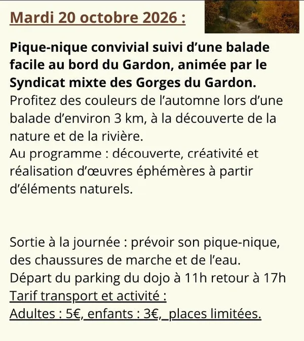 Pique-nique convivial suivi d’une balade facile au bord du Gardon, animée par le Syndicat mixte des Gorges du Gardon.