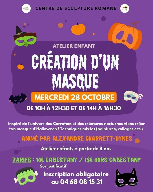Le mercredi 28 octobre, le Centre de Sculpture Romane de Cabestany propose un atelier enfant spécial Halloween : « Création d’un masque » ! 🎃