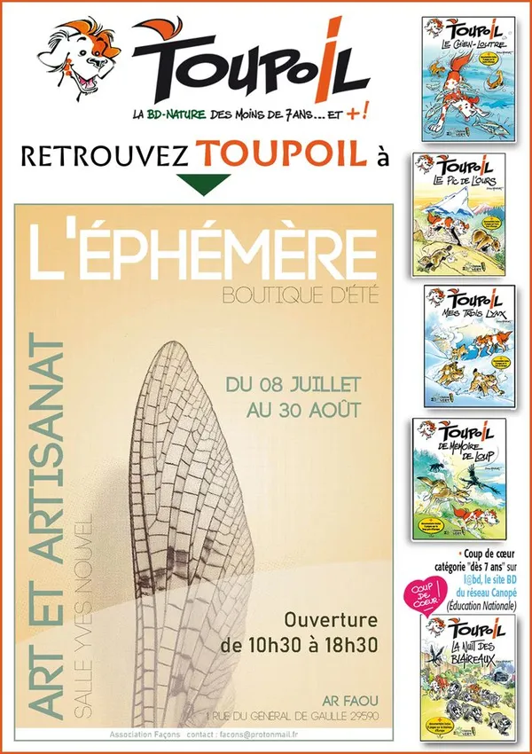 Retrouvez TOUPOIL, la BD-Nature des enfants, en expo-vente et en dédicace à la boutique L'ÉPHÉMÈRE au Faou, du 8 juillet au 30 août 2026.