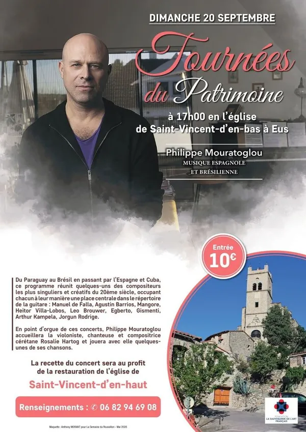 Journées du Patrimoine concert Philippe MOURATOGLOU à l'Eglise SAINT VINCENT DU BAS au profit de la restauration de l'Eglise SAINT VINCENT DU HAUT