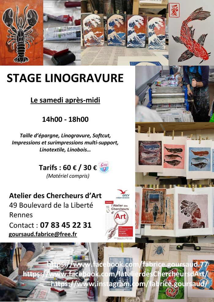 Stage linogravure à la demi-journée le samedi à l'Atelier des Chercheurs d'Art