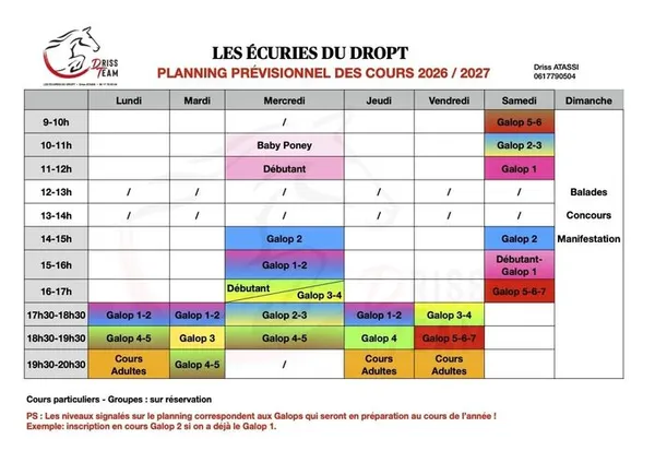 Planning des cours aux écuries du Dropt