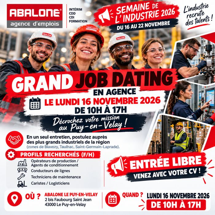 Job Dating Industrie : Décrochez votre mission au Puy-en-Velay !