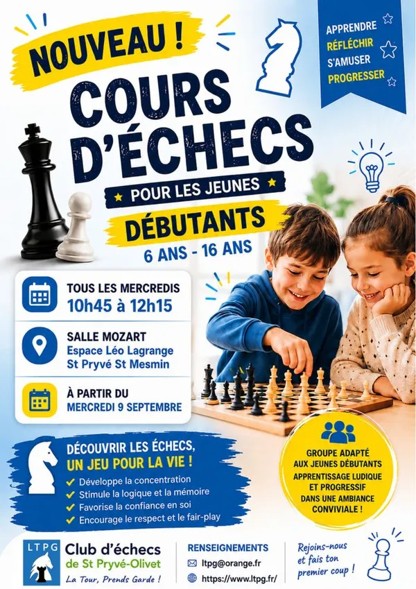 Ouverture de cours d'échecs jeunes débutants à St Pryvé-St Mesmin