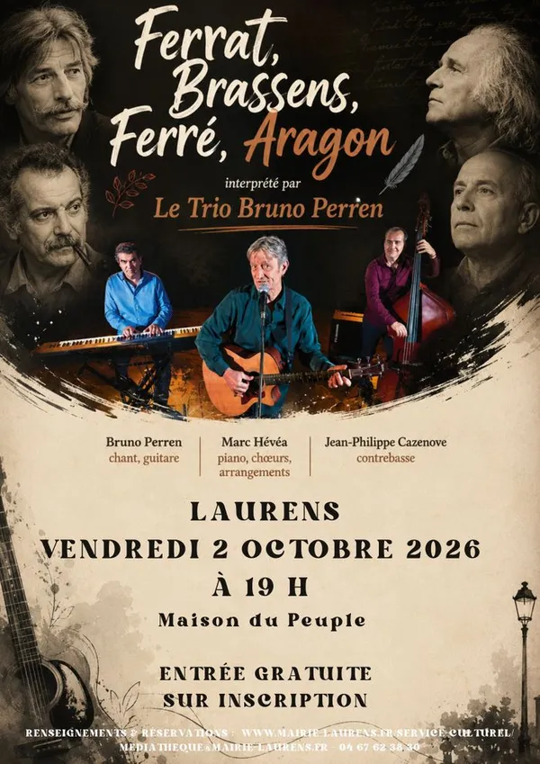 Ferrat, Brassens, Ferré, Aragon, interprété par le trio Bruno Perren