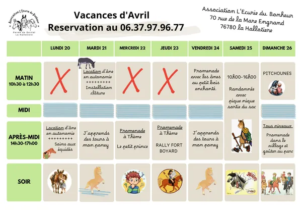 Programme des vacances d’avril – Écurie du Bonheur