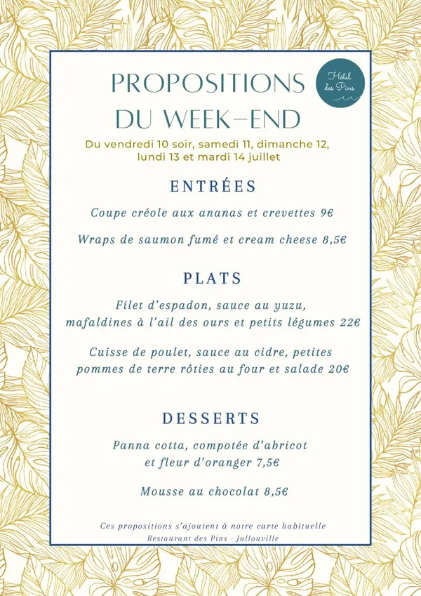 Menu de week-end - Hôtel des Pins