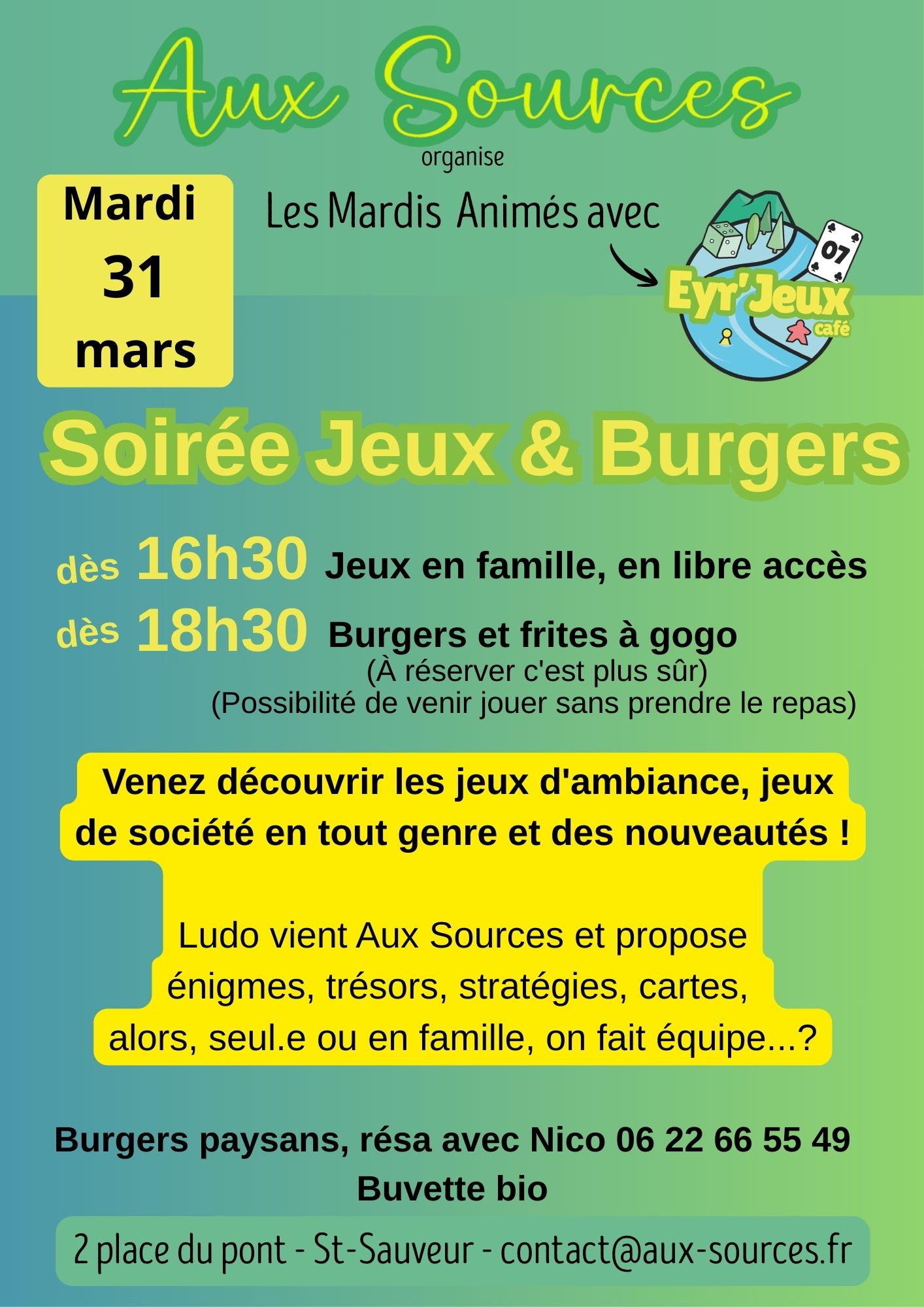 Aux Sources : Soirée jeux et burgers !