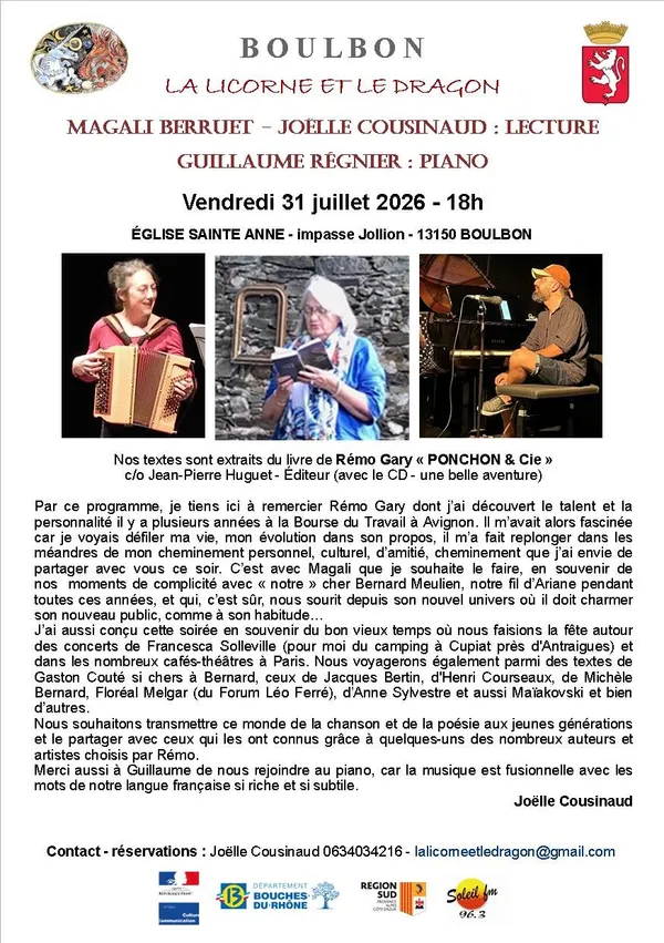 Lecture / piano - Magali Berruet, Joëlle Cousinaud et Guillaume Regnier