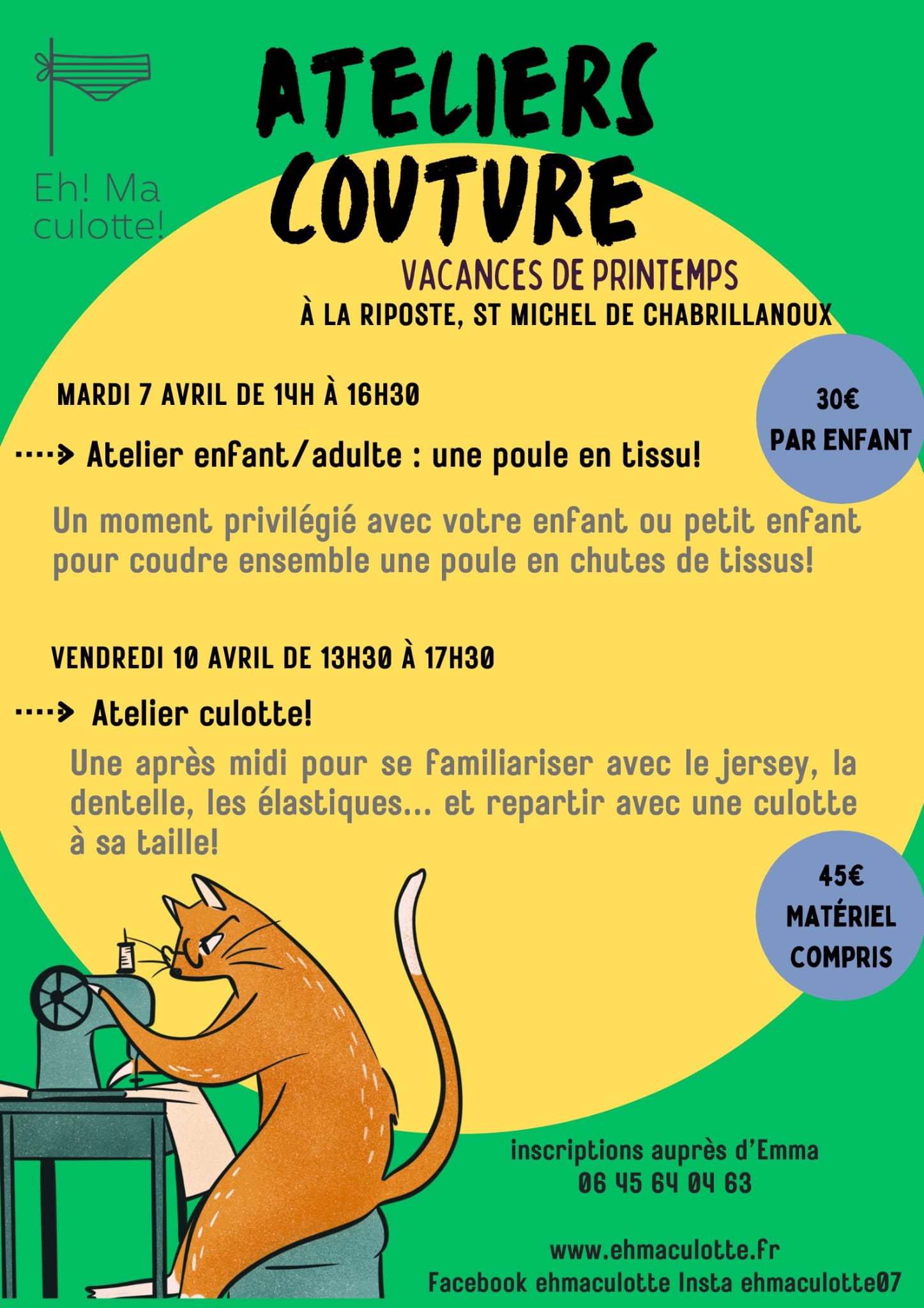 Atelier "Couture" pour duos parent/enfant (confection d'une poule en tissu)