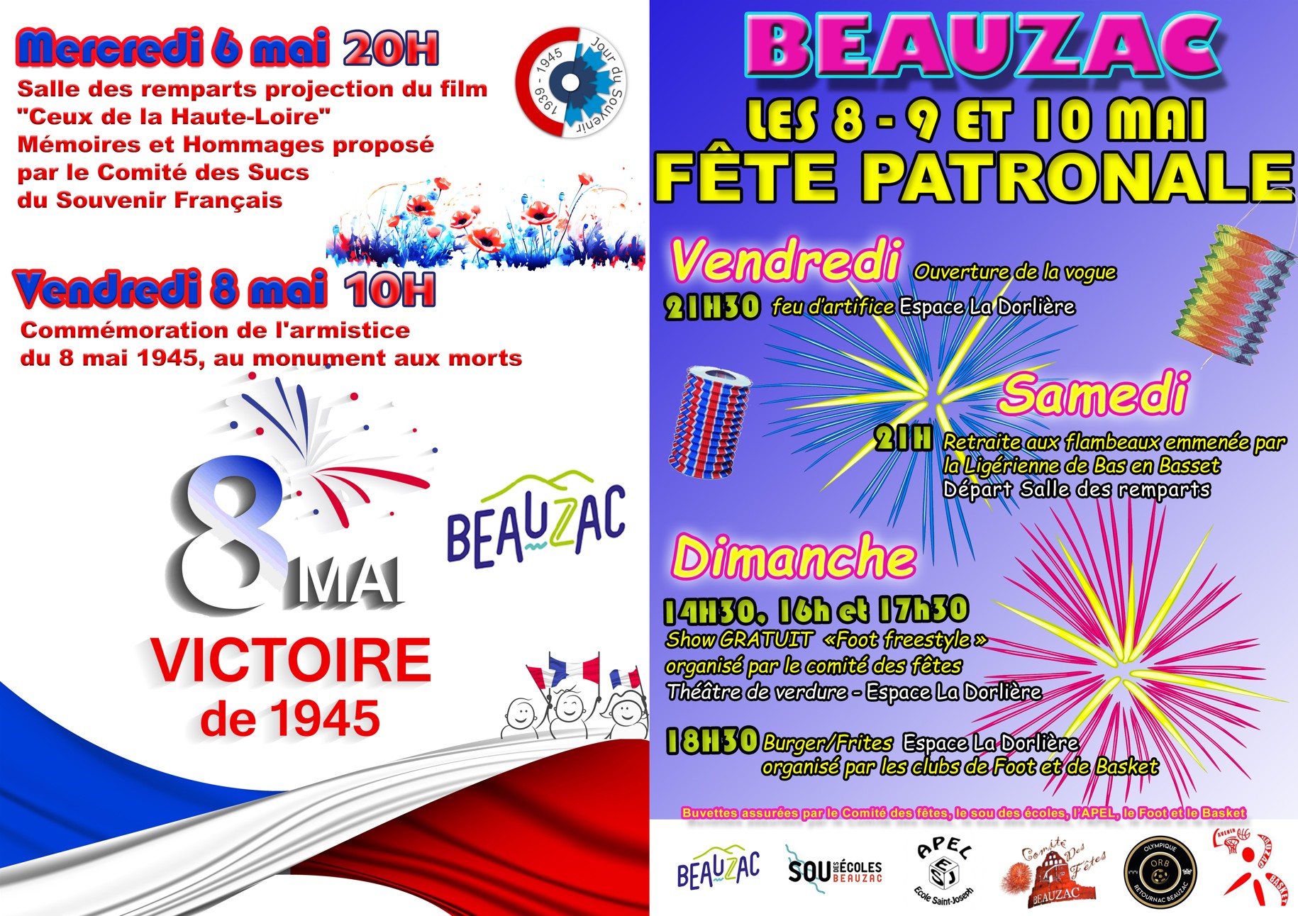Fête Patronale, feu d'artifice, retraite aux flambeaux, foot freestyle, burger Frites
