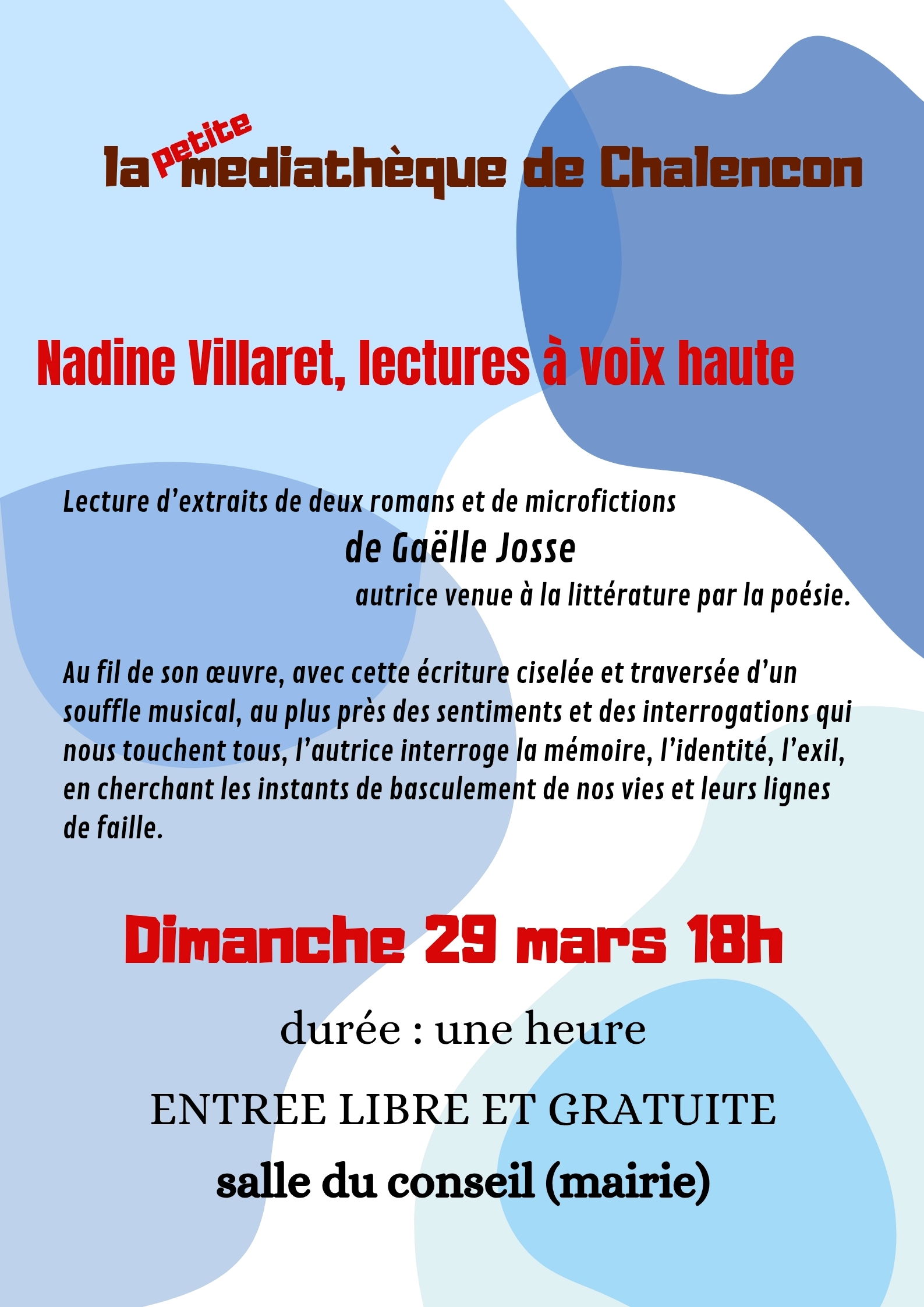 Lecture publique par Nadine Villaret d'extraits de deux romans de Gaëlle Josse